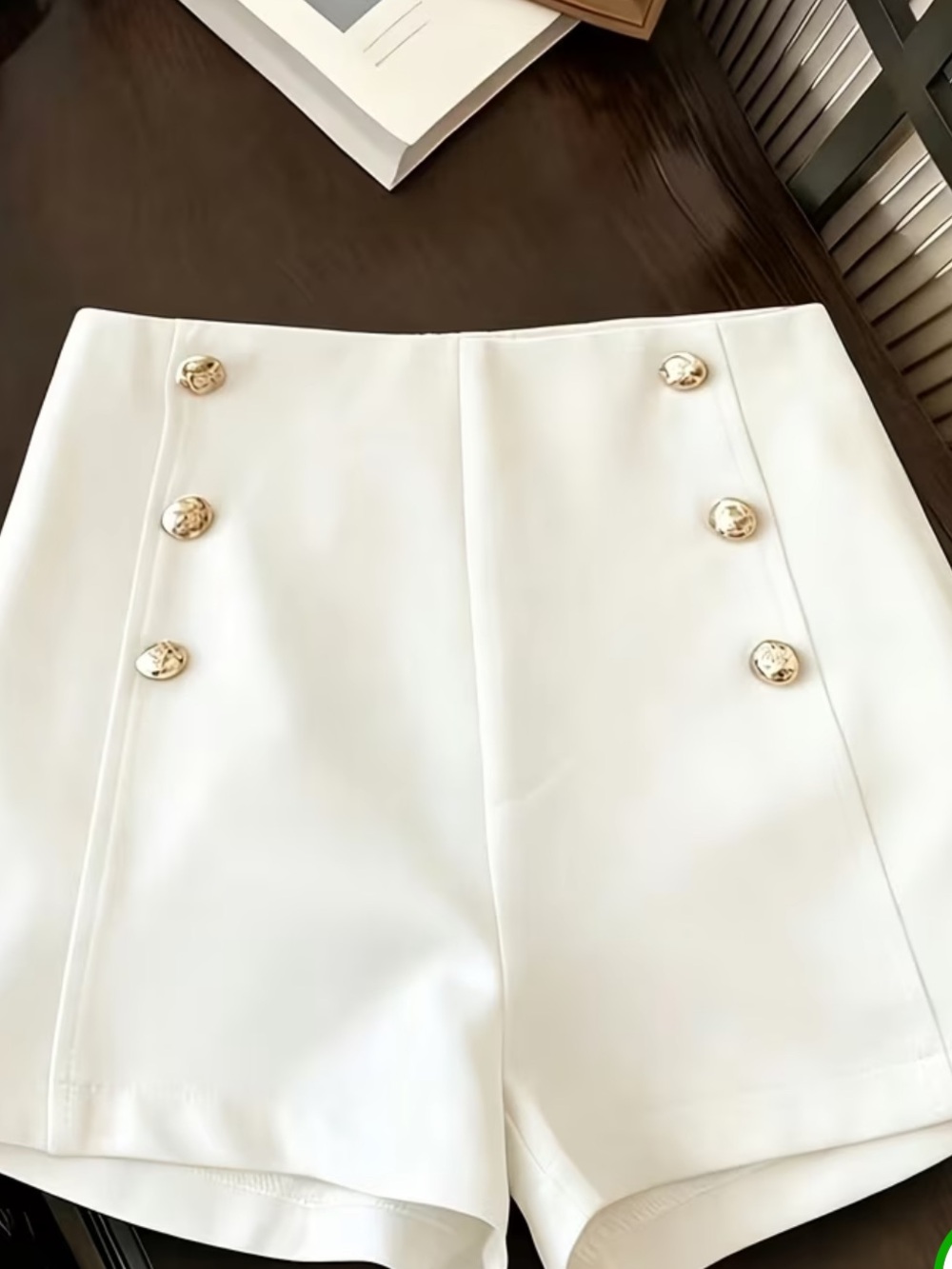 Amazon White High-Waist Button Front Women's Shorts with Gold Buttons